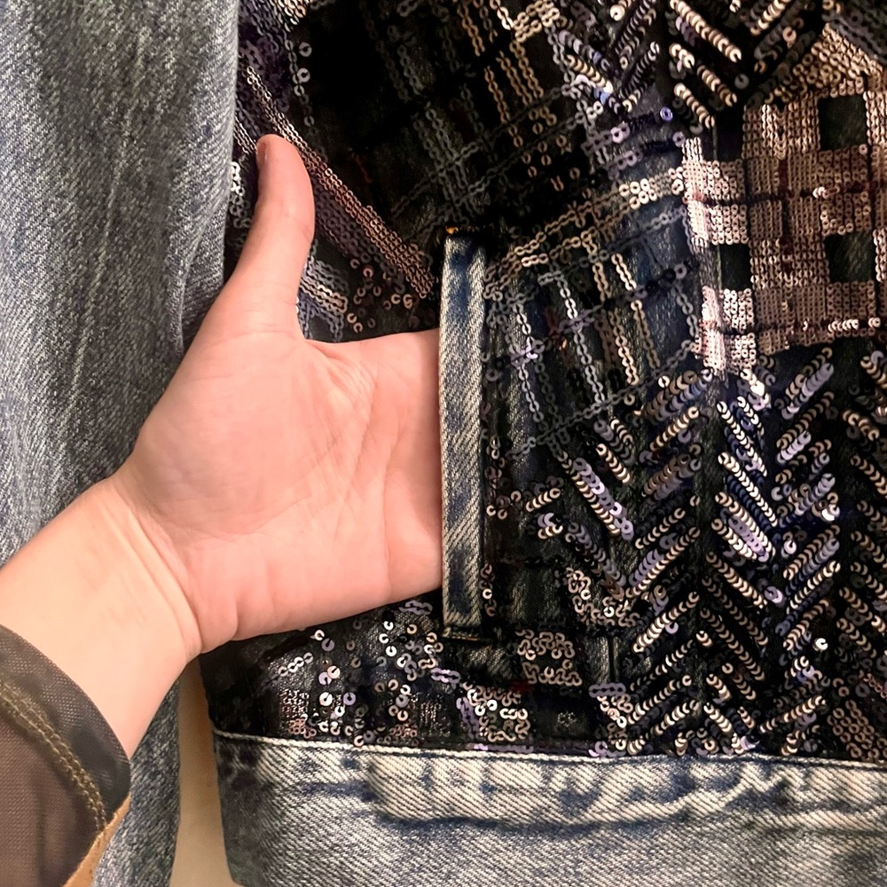 nwt ๐ denim moto jacket with abstract plaid sequins - Picture 9 of 16